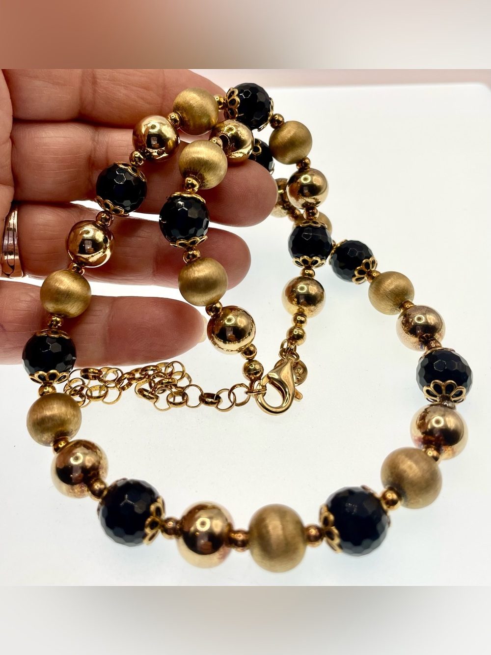 Vintage Veronese 925 Italy 18K Gold Clad Black Beaded Necklace Signed
